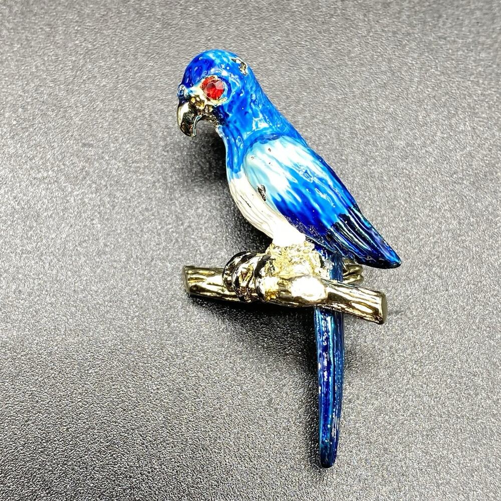 Vintage Enamel Rhinestone Parrot Brooch Pin Perched Gold Tone Mini
